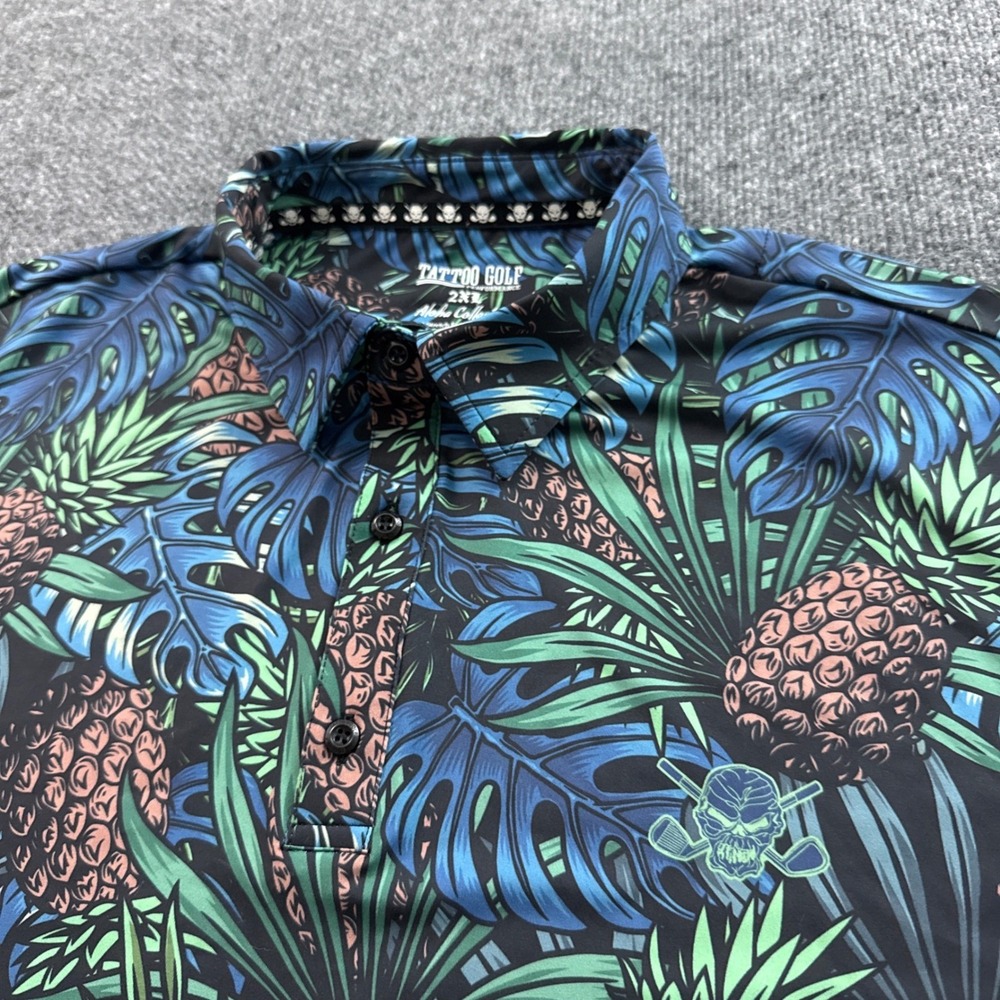 Tattoo Golf Polo Shirt Mens 2XL Black Blue Aloha Collection Tropical Skull
